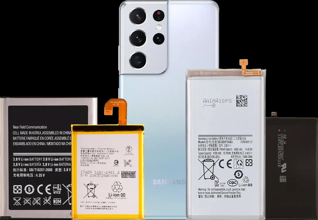 Android phone batteries beside a Samsung Galaxy