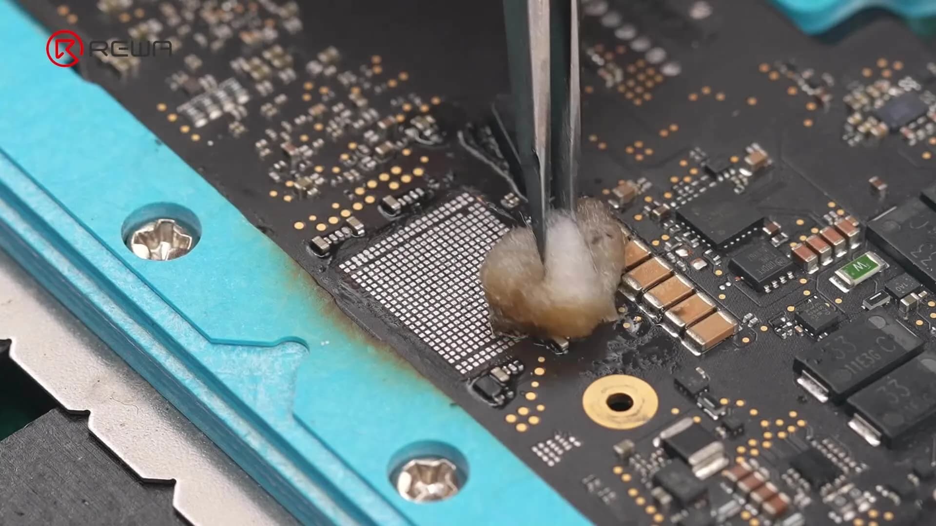 Wipe pads clean with PCB cleaner-dampened cotton.